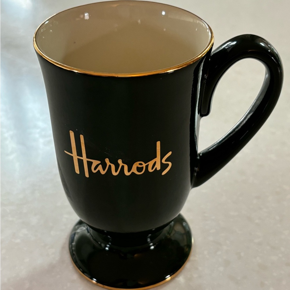 Harrods green Pedestal Cup- Signature logo gold brim tea tine coffee souvenir